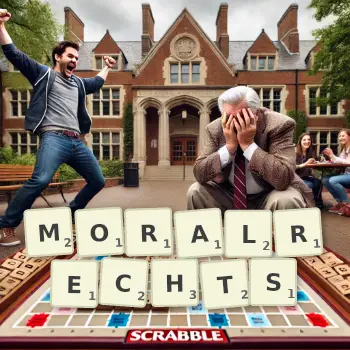 Kreative Illustration für ein Scrabble-Spiel, bei dem das Wort MORALRECHTS mit Steinen auf dem Brett gelegt wurde.