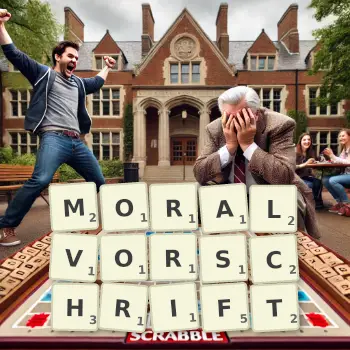 Kreative Illustration für ein Scrabble-Spiel, bei dem das Wort MORALVORSCHRIFT mit Steinen auf dem Brett gelegt wurde.