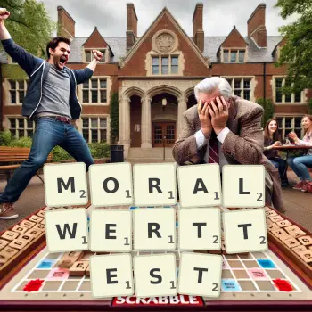 Kreative Illustration für ein Scrabble-Spiel, bei dem das Wort MORALWERTTEST mit Steinen auf dem Brett gelegt wurde.