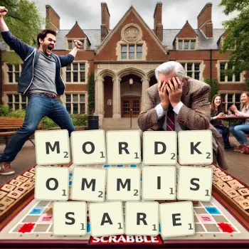Kreative Illustration für ein Scrabble-Spiel, bei dem das Wort MORDKOMMISSARE mit Steinen auf dem Brett gelegt wurde.