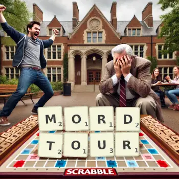 Kreative Illustration für ein Scrabble-Spiel, bei dem das Wort MORDTOUR mit Steinen auf dem Brett gelegt wurde.
