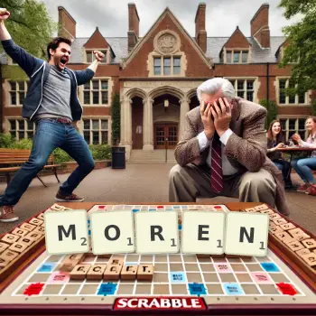 Kreative Illustration für ein Scrabble-Spiel, bei dem das Wort MOREN mit Steinen auf dem Brett gelegt wurde.