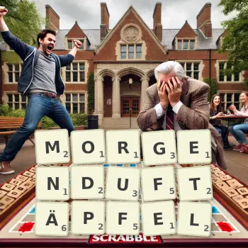 Kreative Illustration für ein Scrabble-Spiel, bei dem das Wort MORGENDUFTÄPFEL mit Steinen auf dem Brett gelegt wurde.