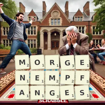 Kreative Illustration für ein Scrabble-Spiel, bei dem das Wort MORGENEMPFANGES mit Steinen auf dem Brett gelegt wurde.