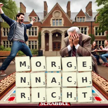 Kreative Illustration für ein Scrabble-Spiel, bei dem das Wort MORGENNACHRICHT mit Steinen auf dem Brett gelegt wurde.