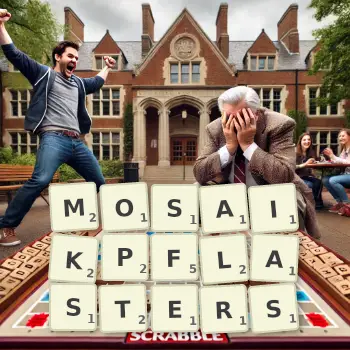 Kreative Illustration für ein Scrabble-Spiel, bei dem das Wort MOSAIKPFLASTERS mit Steinen auf dem Brett gelegt wurde.