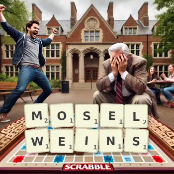 Kreative Illustration für ein Scrabble-Spiel, bei dem das Wort MOSELWEINS mit Steinen auf dem Brett gelegt wurde.