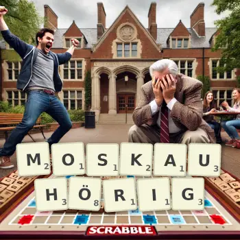 Kreative Illustration für ein Scrabble-Spiel, bei dem das Wort MOSKAUHÖRIG mit Steinen auf dem Brett gelegt wurde.