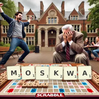 Kreative Illustration für ein Scrabble-Spiel, bei dem das Wort MOSKWA mit Steinen auf dem Brett gelegt wurde.