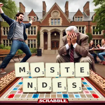 Kreative Illustration für ein Scrabble-Spiel, bei dem das Wort MOSTENDES mit Steinen auf dem Brett gelegt wurde.
