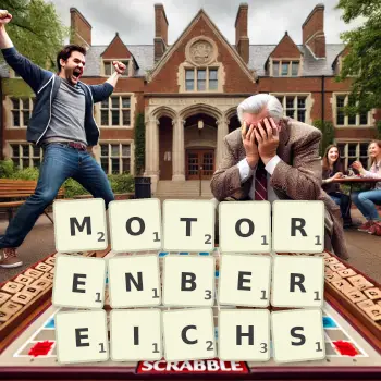 Kreative Illustration für ein Scrabble-Spiel, bei dem das Wort MOTORENBEREICHS mit Steinen auf dem Brett gelegt wurde.