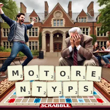 Kreative Illustration für ein Scrabble-Spiel, bei dem das Wort MOTORENTYPS mit Steinen auf dem Brett gelegt wurde.