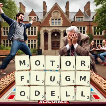 Kreative Illustration für ein Scrabble-Spiel, bei dem das Wort MOTORFLUGMODELL mit Steinen auf dem Brett gelegt wurde.