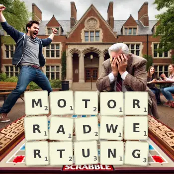 Kreative Illustration für ein Scrabble-Spiel, bei dem das Wort MOTORRADWERTUNG mit Steinen auf dem Brett gelegt wurde.