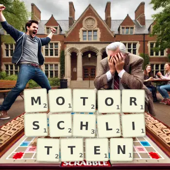 Kreative Illustration für ein Scrabble-Spiel, bei dem das Wort MOTORSCHLITTEN mit Steinen auf dem Brett gelegt wurde.