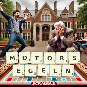 Kreative Illustration für ein Scrabble-Spiel, bei dem das Wort MOTORSEGELN mit Steinen auf dem Brett gelegt wurde.