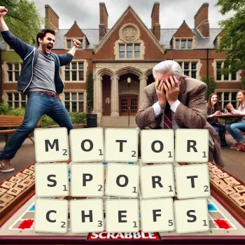 Kreative Illustration für ein Scrabble-Spiel, bei dem das Wort MOTORSPORTCHEFS mit Steinen auf dem Brett gelegt wurde.