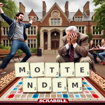 Kreative Illustration für ein Scrabble-Spiel, bei dem das Wort MOTTENDEM mit Steinen auf dem Brett gelegt wurde.