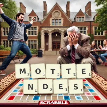 Kreative Illustration für ein Scrabble-Spiel, bei dem das Wort MOTTENDES mit Steinen auf dem Brett gelegt wurde.