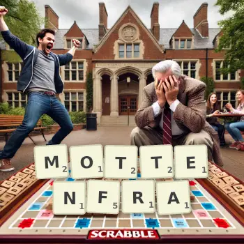 Kreative Illustration für ein Scrabble-Spiel, bei dem das Wort MOTTENFRA mit Steinen auf dem Brett gelegt wurde.