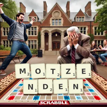 Kreative Illustration für ein Scrabble-Spiel, bei dem das Wort MOTZENDEN mit Steinen auf dem Brett gelegt wurde.