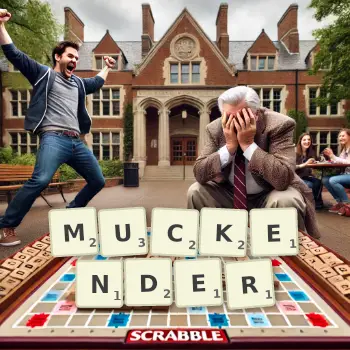 Kreative Illustration für ein Scrabble-Spiel, bei dem das Wort MUCKENDER mit Steinen auf dem Brett gelegt wurde.