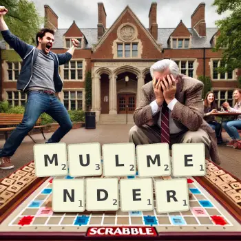 Kreative Illustration für ein Scrabble-Spiel, bei dem das Wort MULMENDER mit Steinen auf dem Brett gelegt wurde.