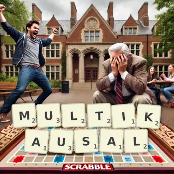 Kreative Illustration für ein Scrabble-Spiel, bei dem das Wort MULTIKAUSAL mit Steinen auf dem Brett gelegt wurde.