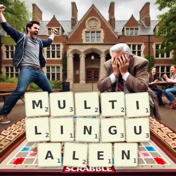 Kreative Illustration für ein Scrabble-Spiel, bei dem das Wort MULTILINGUALEN mit Steinen auf dem Brett gelegt wurde.