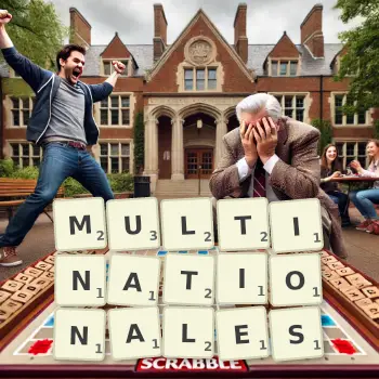 Kreative Illustration für ein Scrabble-Spiel, bei dem das Wort MULTINATIONALES mit Steinen auf dem Brett gelegt wurde.