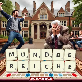 Kreative Illustration für ein Scrabble-Spiel, bei dem das Wort MUNDBEREICHE mit Steinen auf dem Brett gelegt wurde.