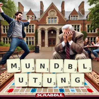Kreative Illustration für ein Scrabble-Spiel, bei dem das Wort MUNDBLUTUNG mit Steinen auf dem Brett gelegt wurde.