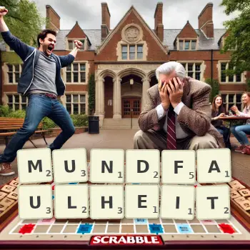 Kreative Illustration für ein Scrabble-Spiel, bei dem das Wort MUNDFAULHEIT mit Steinen auf dem Brett gelegt wurde.