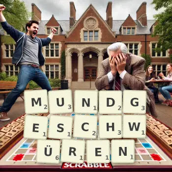 Kreative Illustration für ein Scrabble-Spiel, bei dem das Wort MUNDGESCHWÜREN mit Steinen auf dem Brett gelegt wurde.