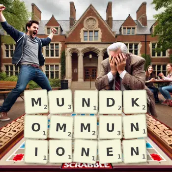 Kreative Illustration für ein Scrabble-Spiel, bei dem das Wort MUNDKOMMUNIONEN mit Steinen auf dem Brett gelegt wurde.