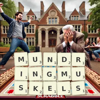 Kreative Illustration für ein Scrabble-Spiel, bei dem das Wort MUNDRINGMUSKELS mit Steinen auf dem Brett gelegt wurde.
