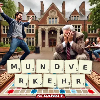 Kreative Illustration für ein Scrabble-Spiel, bei dem das Wort MUNDVERKEHR mit Steinen auf dem Brett gelegt wurde.