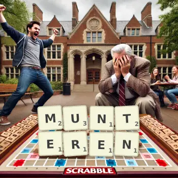 Kreative Illustration für ein Scrabble-Spiel, bei dem das Wort MUNTEREN mit Steinen auf dem Brett gelegt wurde.