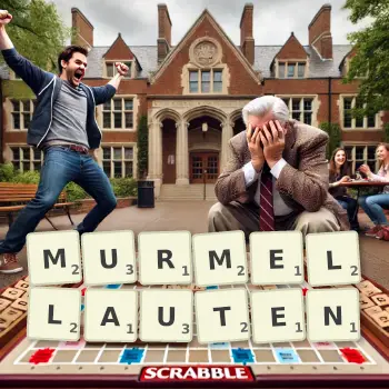 Kreative Illustration für ein Scrabble-Spiel, bei dem das Wort MURMELLAUTEN mit Steinen auf dem Brett gelegt wurde.