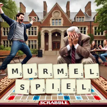 Kreative Illustration für ein Scrabble-Spiel, bei dem das Wort MURMELSPIEL mit Steinen auf dem Brett gelegt wurde.