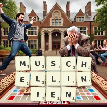 Kreative Illustration für ein Scrabble-Spiel, bei dem das Wort MUSCHELLINIEN mit Steinen auf dem Brett gelegt wurde.