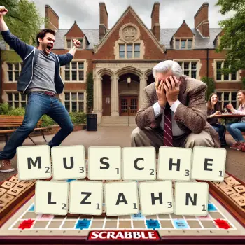 Kreative Illustration für ein Scrabble-Spiel, bei dem das Wort MUSCHELZAHN mit Steinen auf dem Brett gelegt wurde.