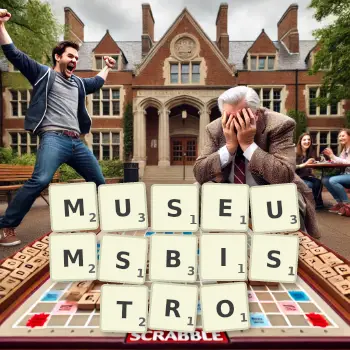 Kreative Illustration für ein Scrabble-Spiel, bei dem das Wort MUSEUMSBISTRO mit Steinen auf dem Brett gelegt wurde.