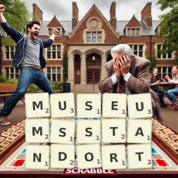 Kreative Illustration für ein Scrabble-Spiel, bei dem das Wort MUSEUMSSTANDORT mit Steinen auf dem Brett gelegt wurde.