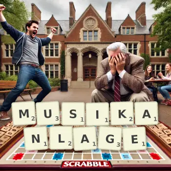 Kreative Illustration für ein Scrabble-Spiel, bei dem das Wort MUSIKANLAGE mit Steinen auf dem Brett gelegt wurde.