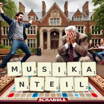 Kreative Illustration für ein Scrabble-Spiel, bei dem das Wort MUSIKANTEIL mit Steinen auf dem Brett gelegt wurde.