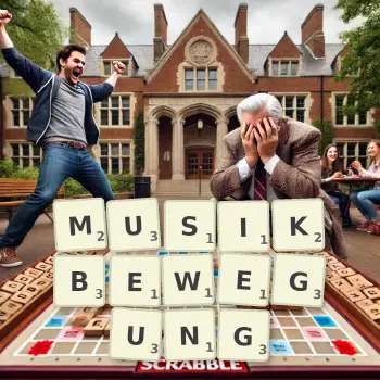 Kreative Illustration für ein Scrabble-Spiel, bei dem das Wort MUSIKBEWEGUNG mit Steinen auf dem Brett gelegt wurde.