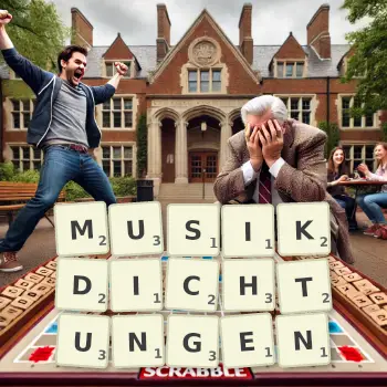 Kreative Illustration für ein Scrabble-Spiel, bei dem das Wort MUSIKDICHTUNGEN mit Steinen auf dem Brett gelegt wurde.