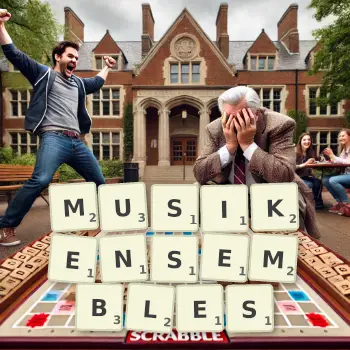 Kreative Illustration für ein Scrabble-Spiel, bei dem das Wort MUSIKENSEMBLES mit Steinen auf dem Brett gelegt wurde.
