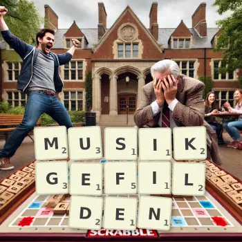 Kreative Illustration für ein Scrabble-Spiel, bei dem das Wort MUSIKGEFILDEN mit Steinen auf dem Brett gelegt wurde.
